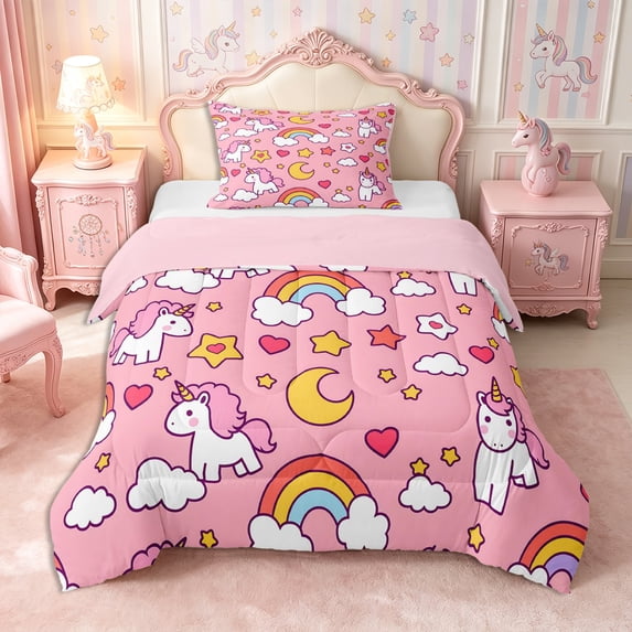 Manfei Cute Rainbow Unicorn Twin Comforter Sets 2pcs,Cartoon Starry Sky Bedding Set,1 Comforter and 1 Pillowcase,Reversible