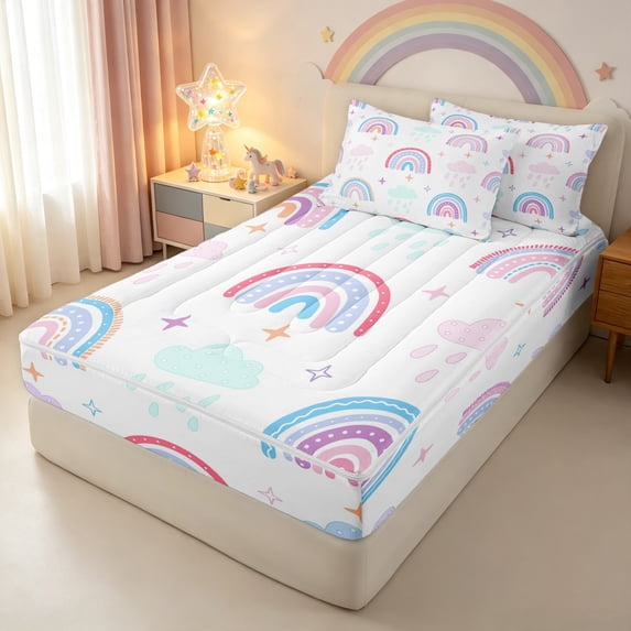 Manfei Cute Rainbow Zipper Queen Comforter Set with Fitted Sheet and 2 Pillowcases, Cartoon Stars Cloud Zipper Bedding Set, Blue, Stars Reversible, 4-Piece