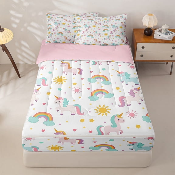 Manfei Cute Rainbow Zipper Twin Comforter Sets with Fitted Sheet and 2 Pillowcases,Cartoon Unicorn Zipper Bedding Set,White,Pink Reversible,4pcs