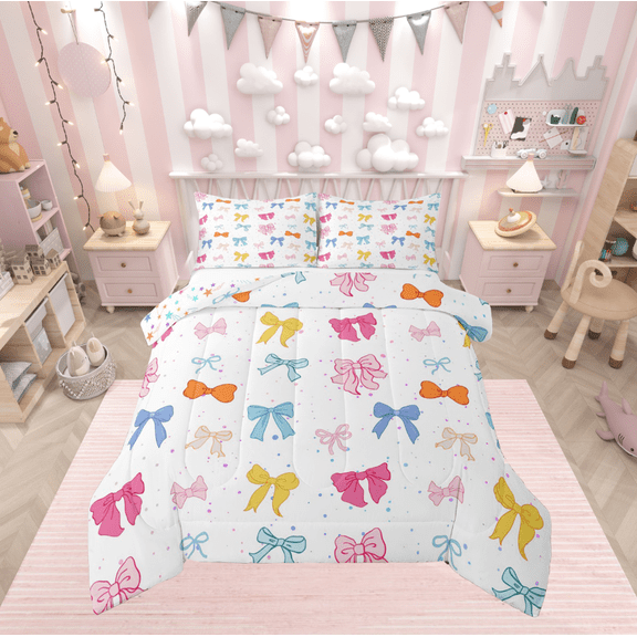 Manfei Cute Ribbon Bedding Full Comforter Set, Kawaii Princess Bowknot Comforter Sets Full Size, Polka Dots Reversible Comforters & Duvets, Super Cozy Room Decor, 3 Pieces
