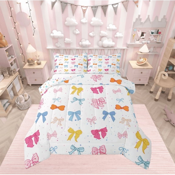 Manfei Cute Ribbon Bedding Sets Queen with Comforter, Kawaii Princess Bowknot Duvet Insert, Polka Dots Reversible Comforter Sets Queen Size, Super Cozy Room Decor, 3 Pieces