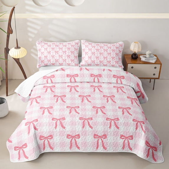 Manfei Cute Ribbon Bow Bed Spread Queen for Girls,Teens Female Geometric Plaid Bowknot Queen Coverlet Set