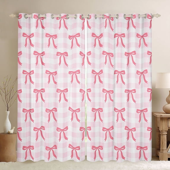 Manfei Cute Ribbon Bow Black Out Curtains for Kids Girls,Teens Female Geometric Plaid Bowknot Curtains Pack of 2 (42x63 Each),Lightweight Room Decor