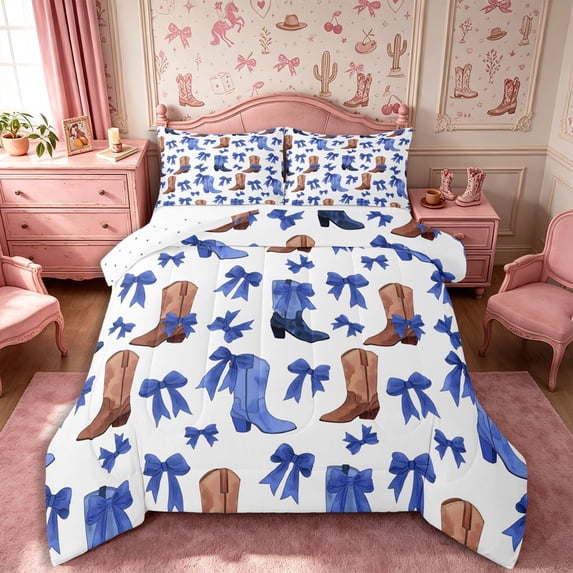 Manfei Cute Ribbon Bow Full Size Comforter Sets 3-Piece,Western Cowgirl Boots Bedding Comforter Set,White Blue,1 Comforter and 2 Pillowcases,Reversible