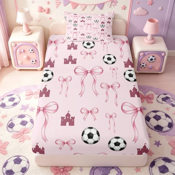 Manfei Cute Ribbon Bowknot Twin Fitted Sheet,3D Cartoon Football Print Bedding,2-Piece,1 Fitted Sheet and 1 Pillowcase