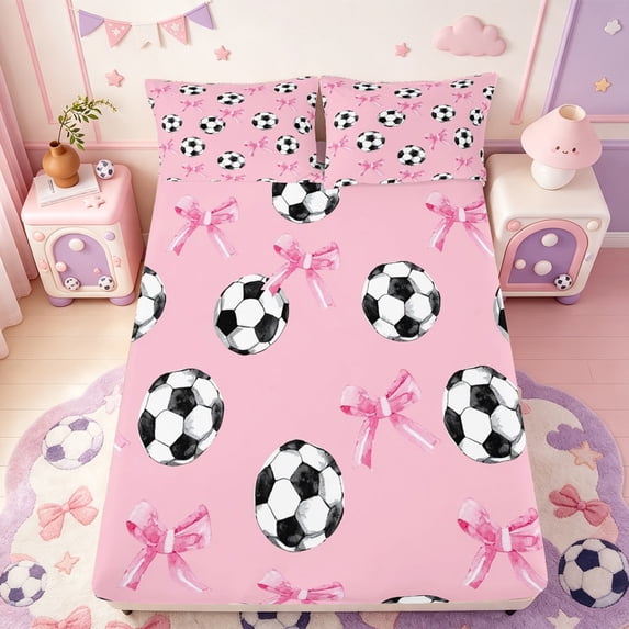 Manfei Cute Ribbon Bowtie Fitted Sheet Full,American Soccer Bed Set,3pcs,1 Fitted Sheet and 2 Pillowcases