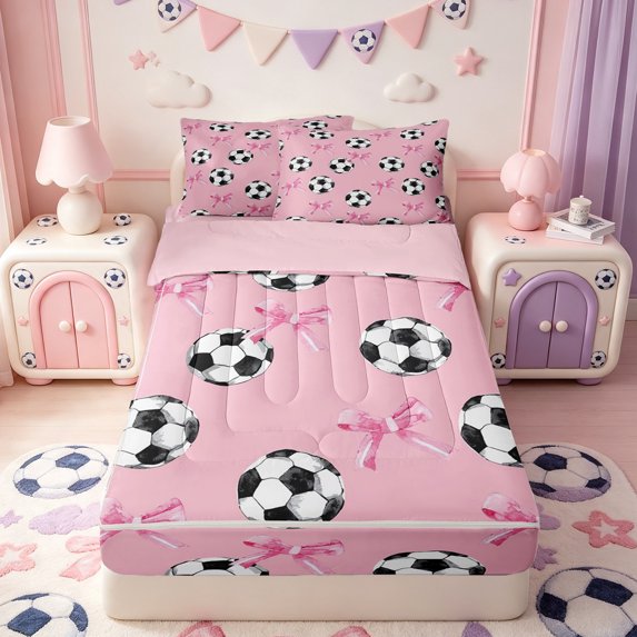 Manfei Cute Ribbon Bowtie Zipper Twin Comforter Sets with Fitted Sheet and 2 Pillowcases,American Soccer Zipper Bedding Set,Pink Reversible,4 Pieces