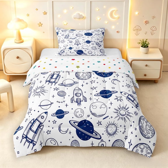 Manfei Cute Rocket Planet Twin Comforter Sets,Kawaii Moon Stars Bedding Set,White Navy,Polkadot Reversible,2 Pieces,1 Comforter and 1 Pillowcase