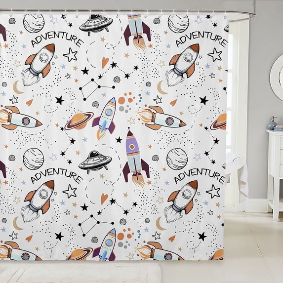 Manfei Cute Rockets Planets Shower Curtain 72Wx72L,Cartoon Spaceship Bathroom Curtain,White