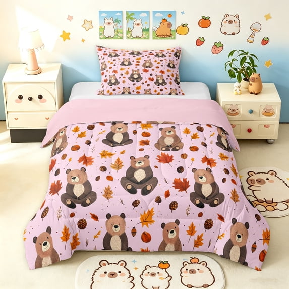 Manfei Cute Rustic Bear Twin Comforter Sets, Waterclor Fall Leaves Bedding Set, Pink, Pink Reversible, 2 Pieces, 1 Comforter and 1 Pillowcase