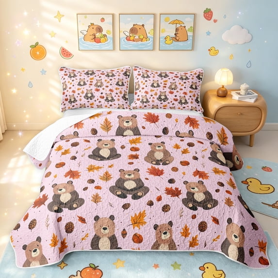 Manfei Cute Rustic Bear Twin Quilt Set, Waterclor Fall Leaves Twin Coverlet Set, Pink, Pink Reversible, 2 Pieces, 1 Bedspread and 1 Pillowcase