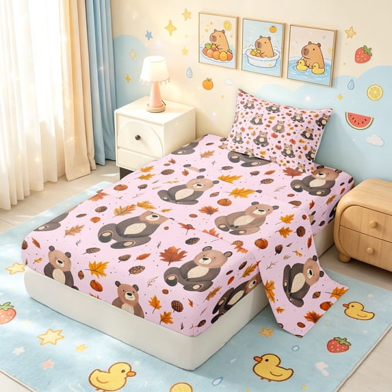 Manfei Cute Rustic Bear Twin Sheets, Waterclor Fall Leaves Bedding, Pink, 3 Pieces, 1 Flat Sheet, 1 Fitted Sheet and 1 Pillowcase