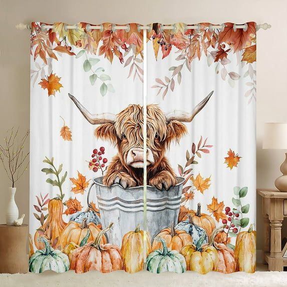 Manfei Cute Rustic Cow Curtains Pack of 2 (42x84 Each) for Kid, Autumn Harvest Pumpkin Curtains Blackout, Maple Leaf Bedroom Curtains, Curtains and Drapes Bedroom Decor