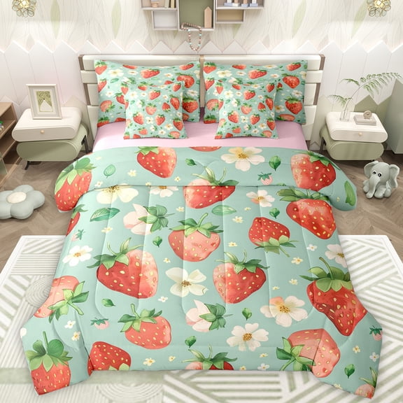 Manfei Cute Rustic Flower 7pcs Bedding Comforter Set,Sweet Strawberry Pattern Queen Bedding Sets,Red Green Queen Sheet Sets For Girls Teens,Breathable Home Decor Reversible