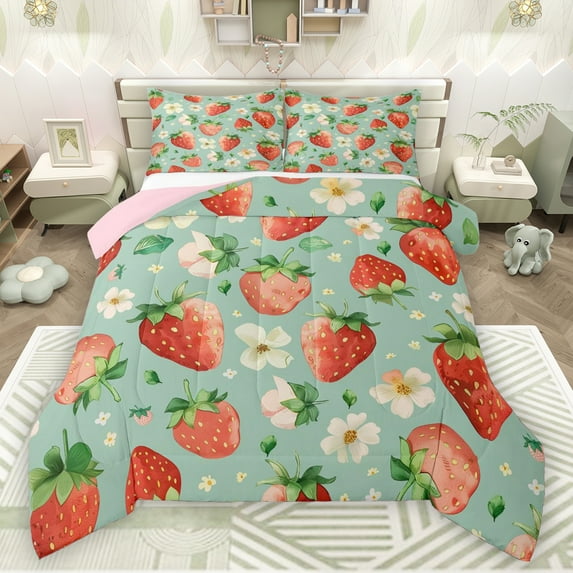 Manfei Cute Rustic Flower Bedding Comforter Set,Sweet Strawberry Pattern Twin Comforter Sets,Red Green Bedding Set For Girls Teens,Breathable Home Decor Reversible,2 Pieces