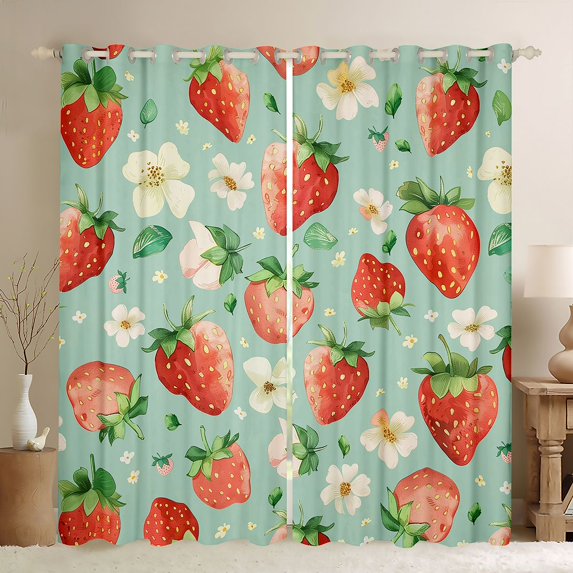 Manfei Cute Rustic Flower Blackout Curtains Set of 2 (52x84 Each),Sweet Strawberry Pattern Window Curtains,Red Green Curtains and Drapes For Girls Teens,Breathable Home Decor