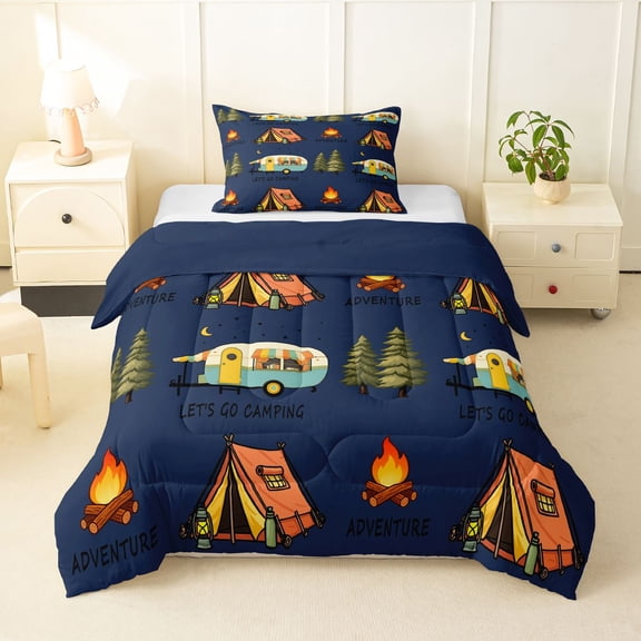 Manfei Cute Rv Twin Comforter Sets,Cartoon Camping Print Bedding Set,Navy Blue,Navy Blue Reversible,2 Pieces,1 Comforter and 1 Pillowcase