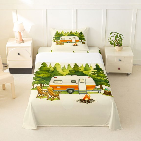 Manfei Cute Rv Twin Sheets,Woodland Camping Pattern Bedding,Green,3 Pieces,1 Fitted Sheet and 1 Pillowcase