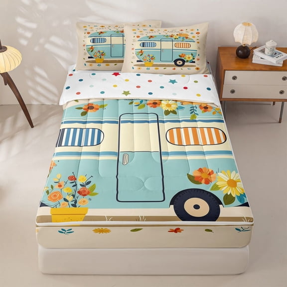 Manfei Cute Rv Zipper Twin Comforter Sets with Fitted Sheet and 2 Pillowcases,Kawaii Capybara Zipper Bedding Set,Beige,Polkadot Reversible,4pcs