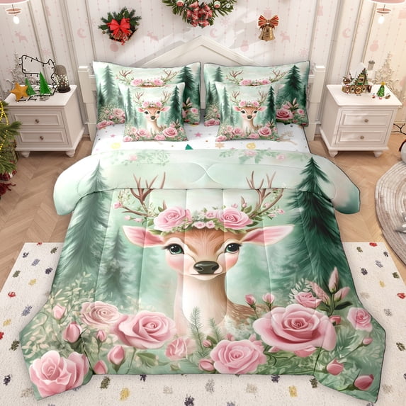 Manfei Cute Safari Deer 7-Piece Twin Bedding Sets,Pink Flower Floral Bedding Comforter Set,Merry Christmas Sheet Sets For Girls Kids,Luxury Bedroom Decor Reversible