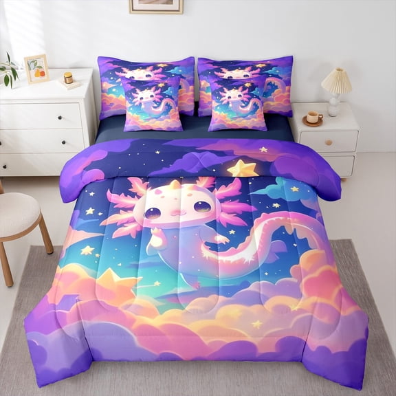 Manfei Cute Salamander Bedding Comforter Set 7-Piece,Rainbow Clouds King Bedding Sets,Galaxy Starry Sky Bed Sheets For Boys Kids,Super Cozy Room Decor Reversible