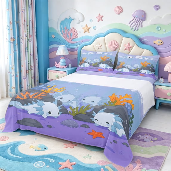 Manfei Cute Salamander Pattern Queen Sheets,Sea Animal Axolotl Queen Sheet Sets,4pcs,1 Flat Sheet,1 Fitted Sheet and 2 Pillowcases