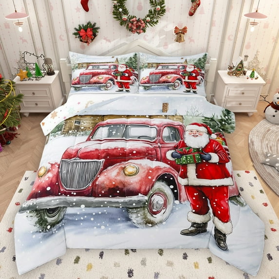 Manfei Cute Santa Claus Bedding Comforter Set,Merry Christmas Twin Comforter Sets,Red Truck Bedding Set For Girls Kids,Breathable Home Decor Reversible,2 Pieces
