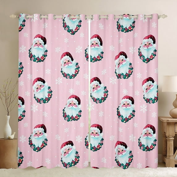 Manfei Cute Santa Claus Blackout Curtains Set of 2 (52x84 Each),Merry Christmas Window Curtains,Kawaii Xmas Wreath Flowers Curtains and Drapes For Girls Kids,Microfiber Bedroom Decor