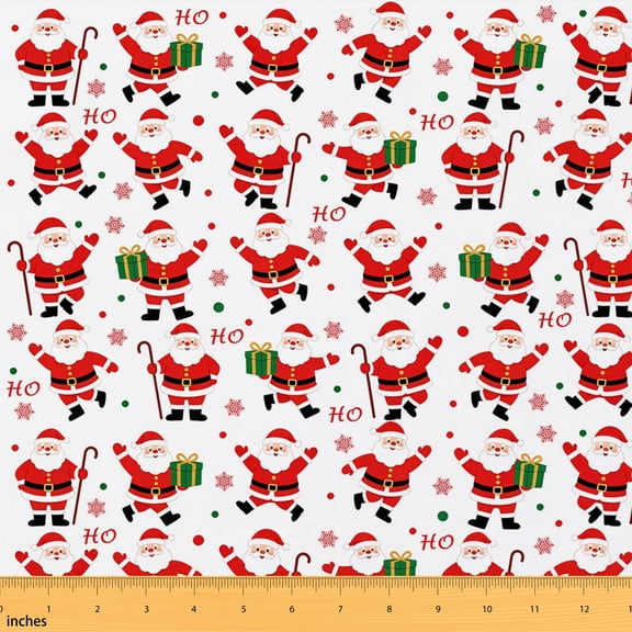 Manfei Cute Santa Claus Fabric by the Yard 1 Yard, Merry Xmas Home Decor Fabric by the Yard, White