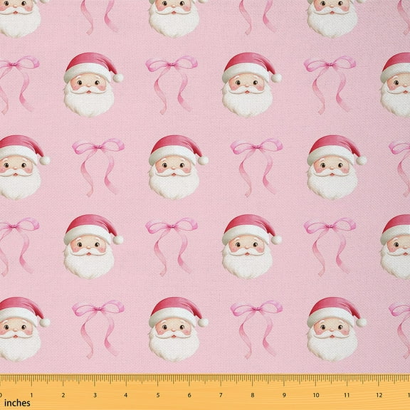 Manfei Cute Santa Claus Fabric by the Yard 1 Yard for Girls, Pink Bow Ribbon Sewing Fabric, Merry Christmas Room Decor Fabric by the Yard, Pink
