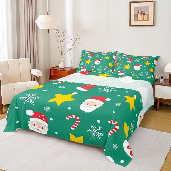 Manfei Cute Santa Claus Full Size Sheets,Merry Christmas Bed Sheets,Candy Cane Snwoflake Pattern Sheet Sets For Girls Kids,Breathable Home Decor,4 Pieces