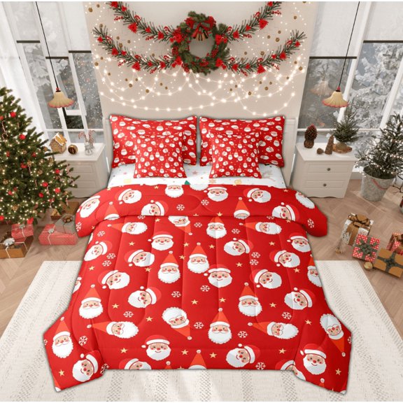 Manfei Cute Santa Claus Twin Bedding Sets 7-Piece for Teens, Cartoon Stars Snowflake Bedding Comforter Set, Merry Christmas Reversible Sheet Sets, Ultra Soft Home Decor