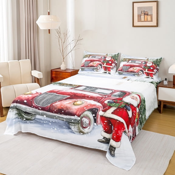 Manfei Cute Santa Claus Twin Sheet Sets,Merry Christmas Twin Fitted Sheet,Red Truck Flat Sheet For Girls Kids,Breathable Home Decor,3 Pieces