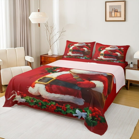 Manfei Cute Santa Claus Twin Sheet Sets for Boys Girls, Happy New Year Twin Fitted Sheet, Red Christmas Flat Sheet, Super Cozy Room Decor 3 Pieces