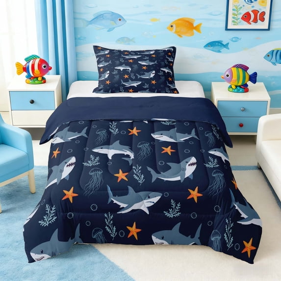 Manfei Cute Sea Shark Twin Comforter Sets for Kids Boys and Girls, Ocean Animal Bedding Set, Navy Reversible 2pcs, 1 Comforter and 1 Pillowcase