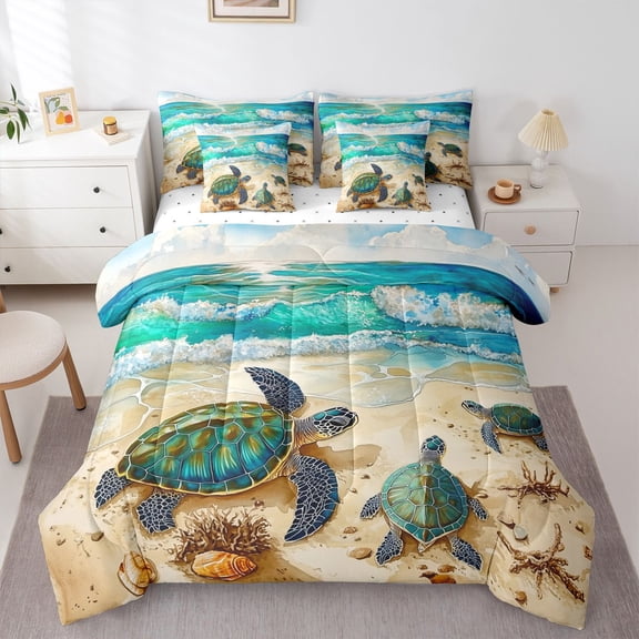 Manfei Cute Sea Turtle 7-Piece Twin Bedding,Sandy Beach Bedding Comforter Set,Yellow Green,Reversible