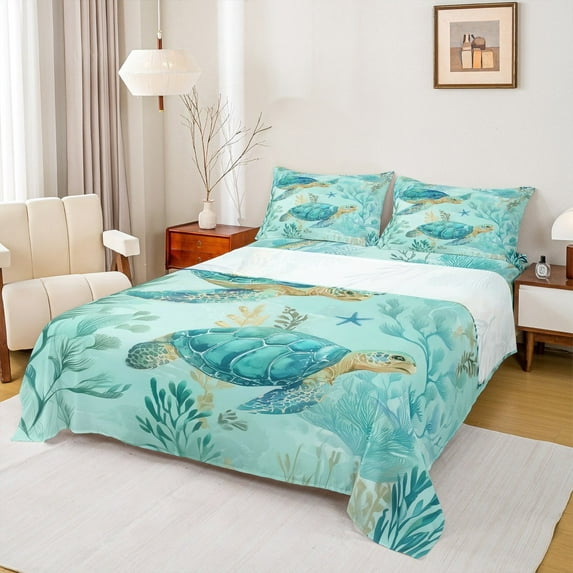 Manfei Cute Sea Turtle Bed Sheets Twin, Ocean Animal Twin Sheet Sets, Turquoise Coral Bedding Sets Twin Size, Lightweight Bedroom Decoration, 3pcs
