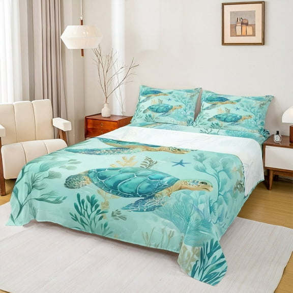Manfei Cute Sea Turtle Bed Sheets Twin, Ocean Animal Twin Sheet Sets, Turquoise Coral Bedding Sets Twin Size, Lightweight Bedroom Decoration, 3pcs