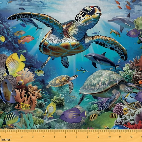 Manfei Cute Sea Turtle Fabric by the Yard (5 Yards) for Kids Boys Girls, Funny Underwater World Decorative Fabric by the Yard, Ocean Fish Sewing & Crafting Fabric