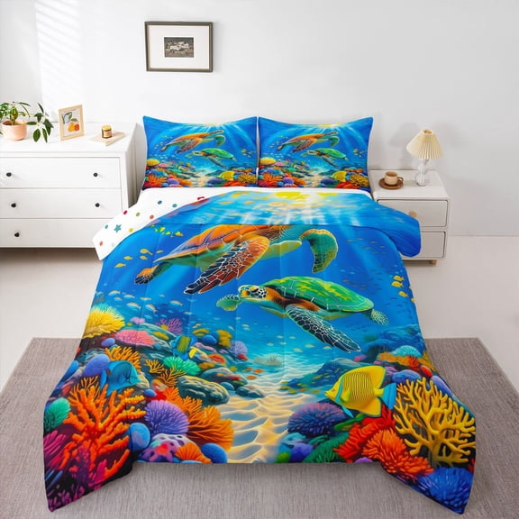Manfei Cute Sea Turtle Queen Comforter Set,Colorful Sea Plant Comforter Sets Queen,Polkadot Reversible,3pcs,1 Comforter and 2 Pillowcases