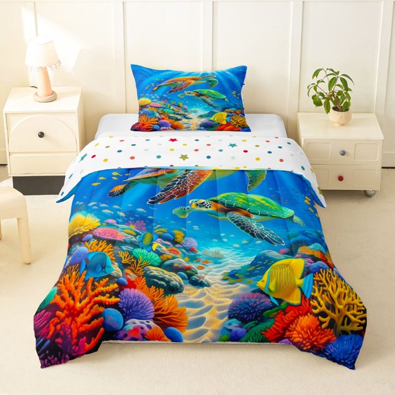 Manfei Cute Sea Turtle Twin Comforter Sets,Colorful Sea Plant Bedding Set,Polkadot Reversible,2-Piece,1 Comforter and 1 Pillowcase