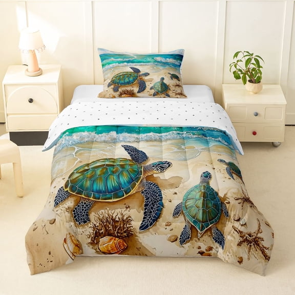 Manfei Cute Sea Turtle Twin Comforter Sets,Sandy Beach Bedding Set,Yellow Green,Reversible,2-Piece,1 Comforter and 1 Pillowcase
