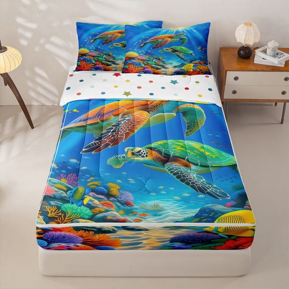 Manfei Cute Sea Turtle Zipper Twin Comforter Sets with Fitted Sheet and 2 Pillowcases,Colorful Sea Plant Zipper Bedding Set,Polkadot Reversible,4pcs