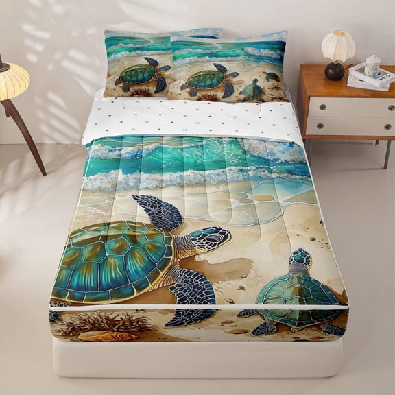 Manfei Cute Sea Turtle Zipper Twin Comforter Sets with Fitted Sheet and 2 Pillowcases,Sandy Beach Zipper Bedding Set,Yellow Green,Reversible,4pcs