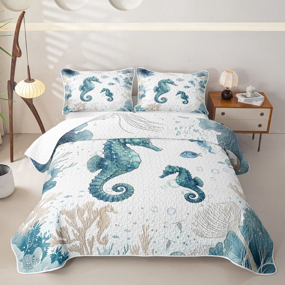 Manfei Cute Seahorse Bed Spread Queen,Ocean Themed Art Queen Coverlet Set,White Green,3 Pieces