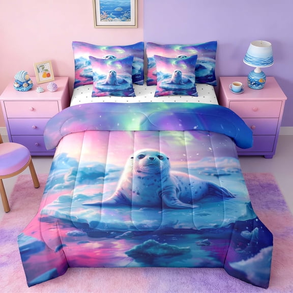 Manfei Cute Seal Twin Bedding Sets for Kids Boys and Girls, Arctic Aurora Bedding Comforter Set, Reversible 7pcs