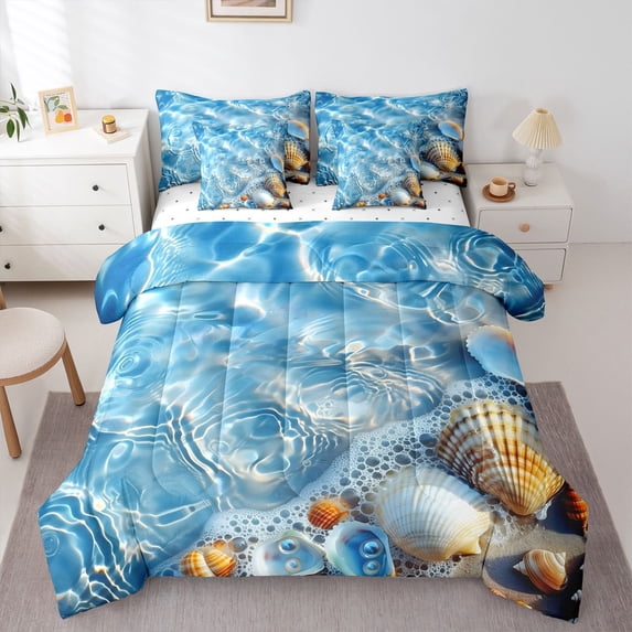 Manfei Cute Seashell 7pcs Queen Bedding,Blue Sea Waves Bedding Comforter Set Queen,Reversible