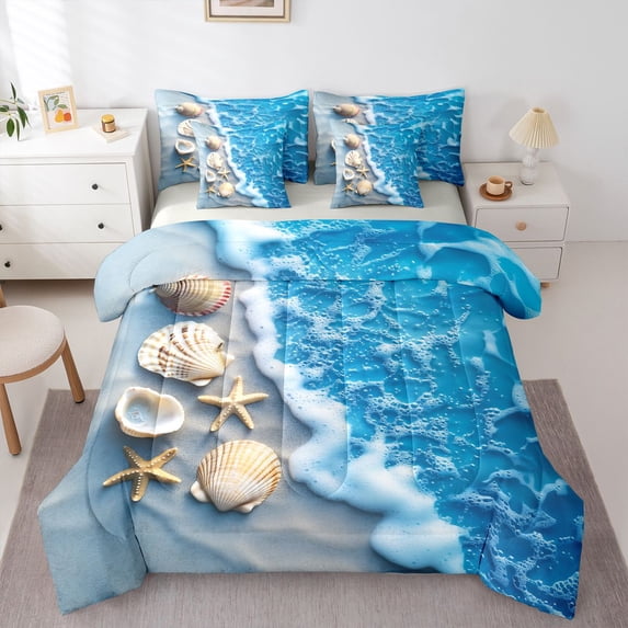Manfei Cute Seashell 7pcs Queen Bedding,Calm Sea Waves Bedding Comforter Set Queen,Light Gray Reversible