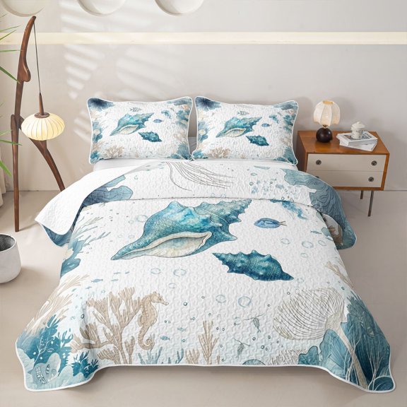 Manfei Cute Seashell Bed Spread Queen,Calm Sea Plant Queen Coverlet Set,Green White,3pcs