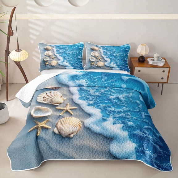 Manfei Cute Seashell Bed Spread Queen,Calm Sea Waves Queen Coverlet Set,3pcs